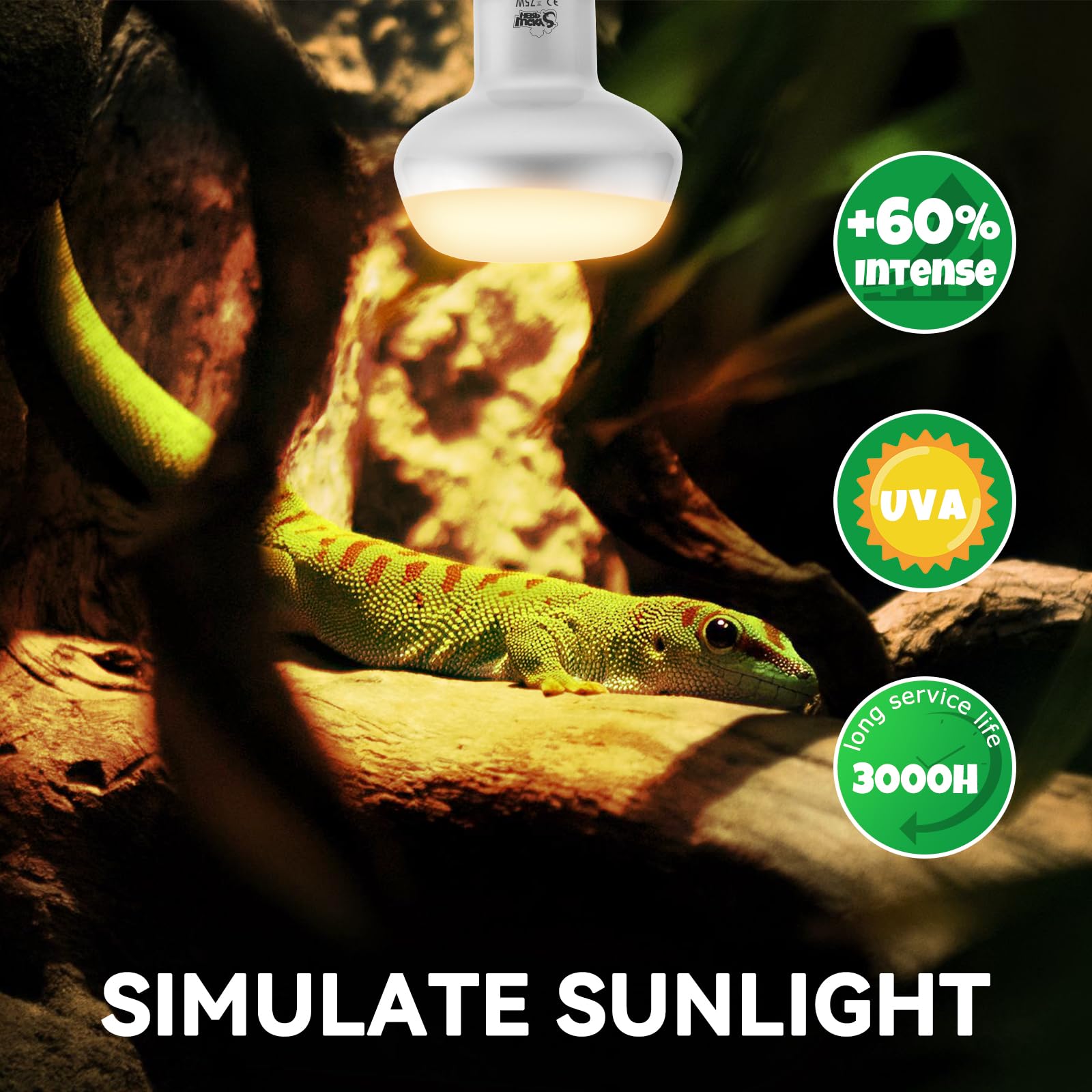 LUCKY HERP Intense Heat Lamp Bulbs for Reptiles 75W 2 Pack, UVA Daylight Reptile Heat Lamp, Reptile Basking Heat Light Bulb for